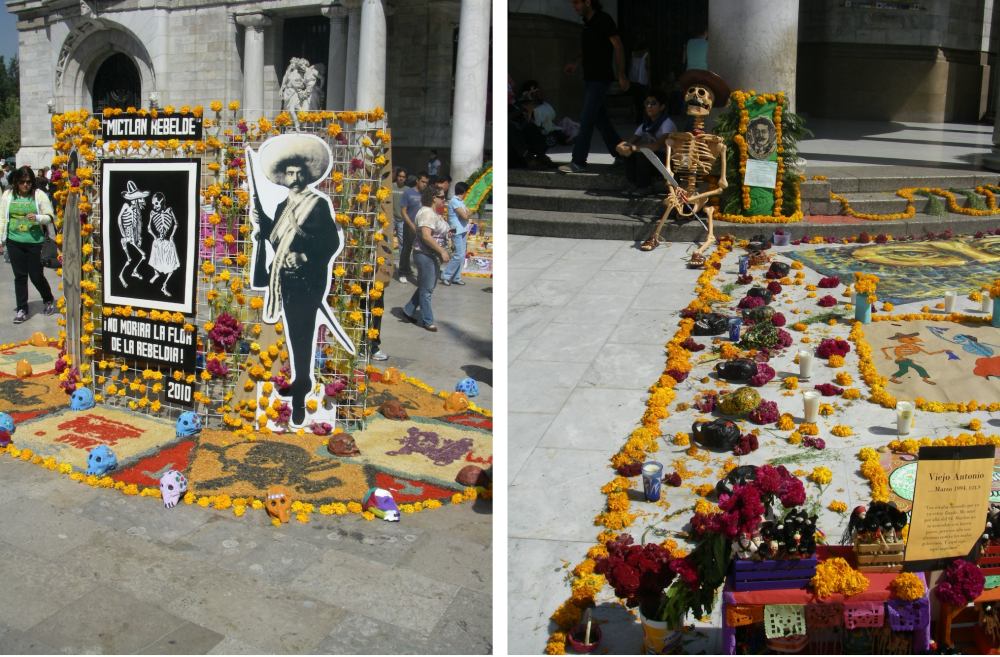 Dekos auf der Straße mit Blütenbildern und Skeletten.