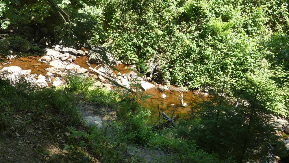 Bach mit rostrotem Wasser fließt im Talgrund.