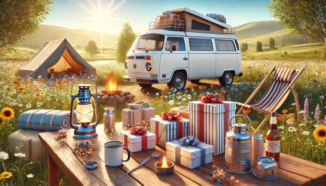 Ein malerischer Campingplatz mit einem Oldtimer-Van und einem Zelt auf einer Blumenwiese. Ein Holztisch ist mit eingepackten Geschenken, einer Laterne und Campingutensilien gedeckt. In der Nähe brennt ein Lagerfeuer.