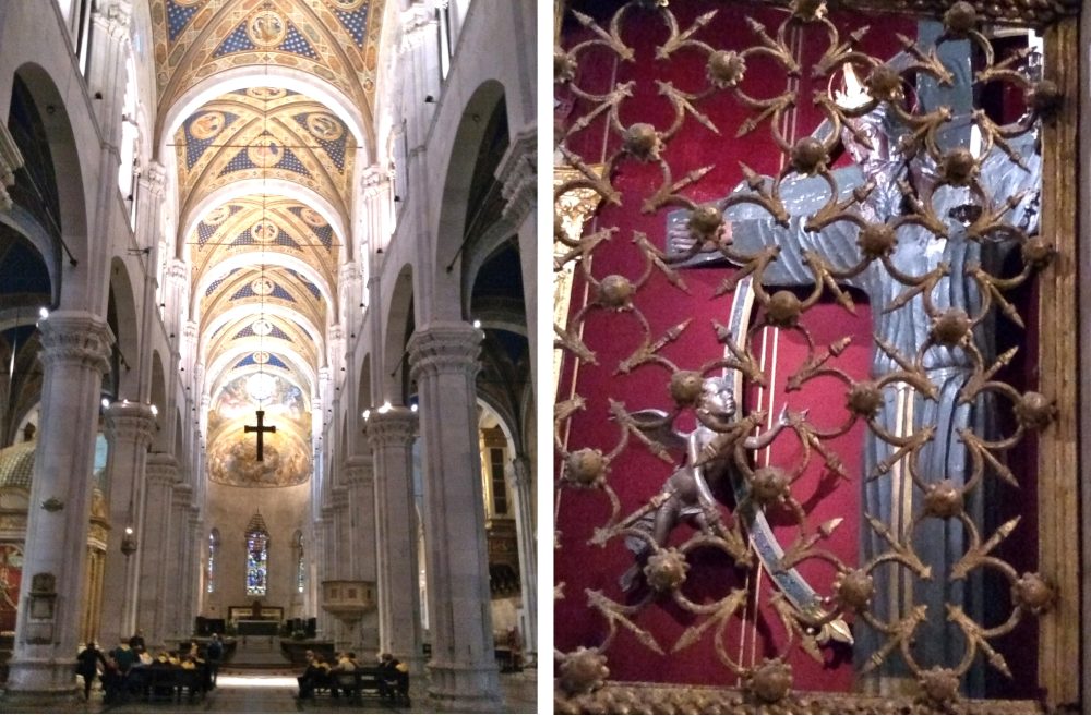 Rechts Kirchenschiff mit Gewölbedecke, links Blick durch das Gitter aufs volto Santo.